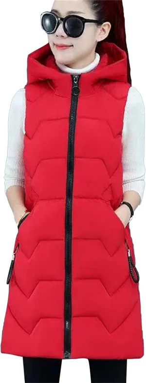 TYQQU Women Hooded Long Down Vest Sleeveless Zipper Fluffy Solid Color Down Vest With Pocket
