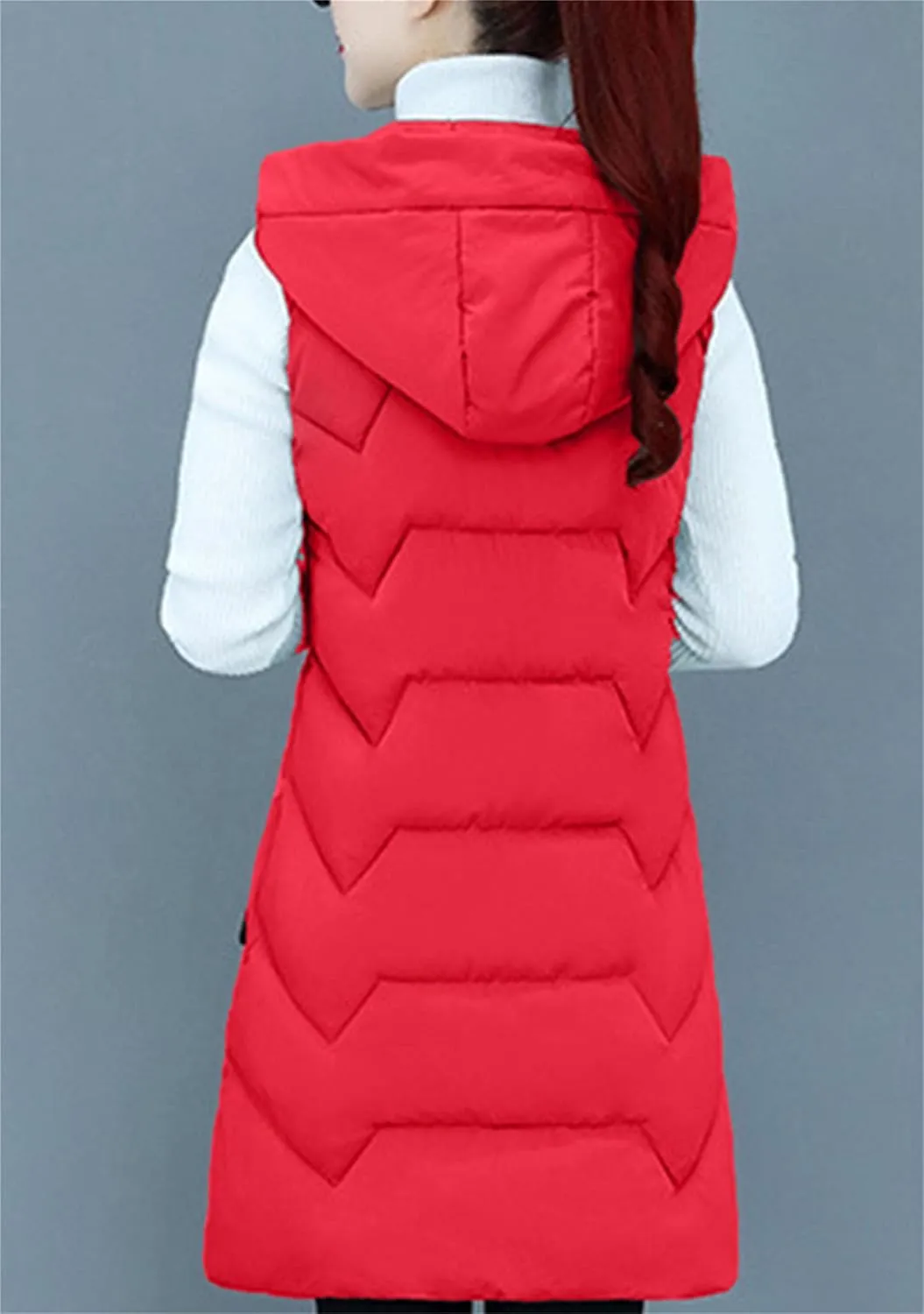 TYQQU Women Hooded Long Down Vest Sleeveless Zipper Fluffy Solid Color Down Vest With Pocket