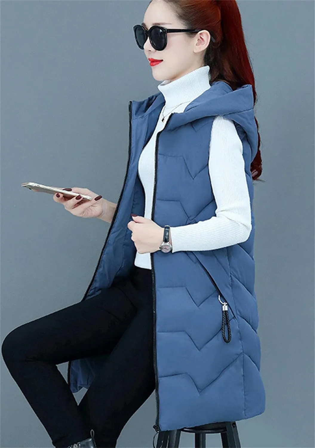 TYQQU Women Hooded Long Down Vest Sleeveless Zipper Fluffy Solid Color Down Vest With Pocket