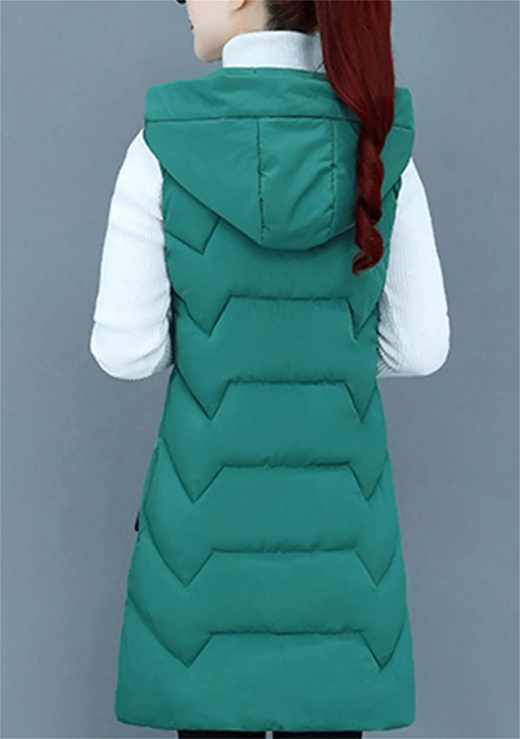 TYQQU Women Hooded Long Down Vest Sleeveless Zipper Fluffy Solid Color Down Vest With Pocket