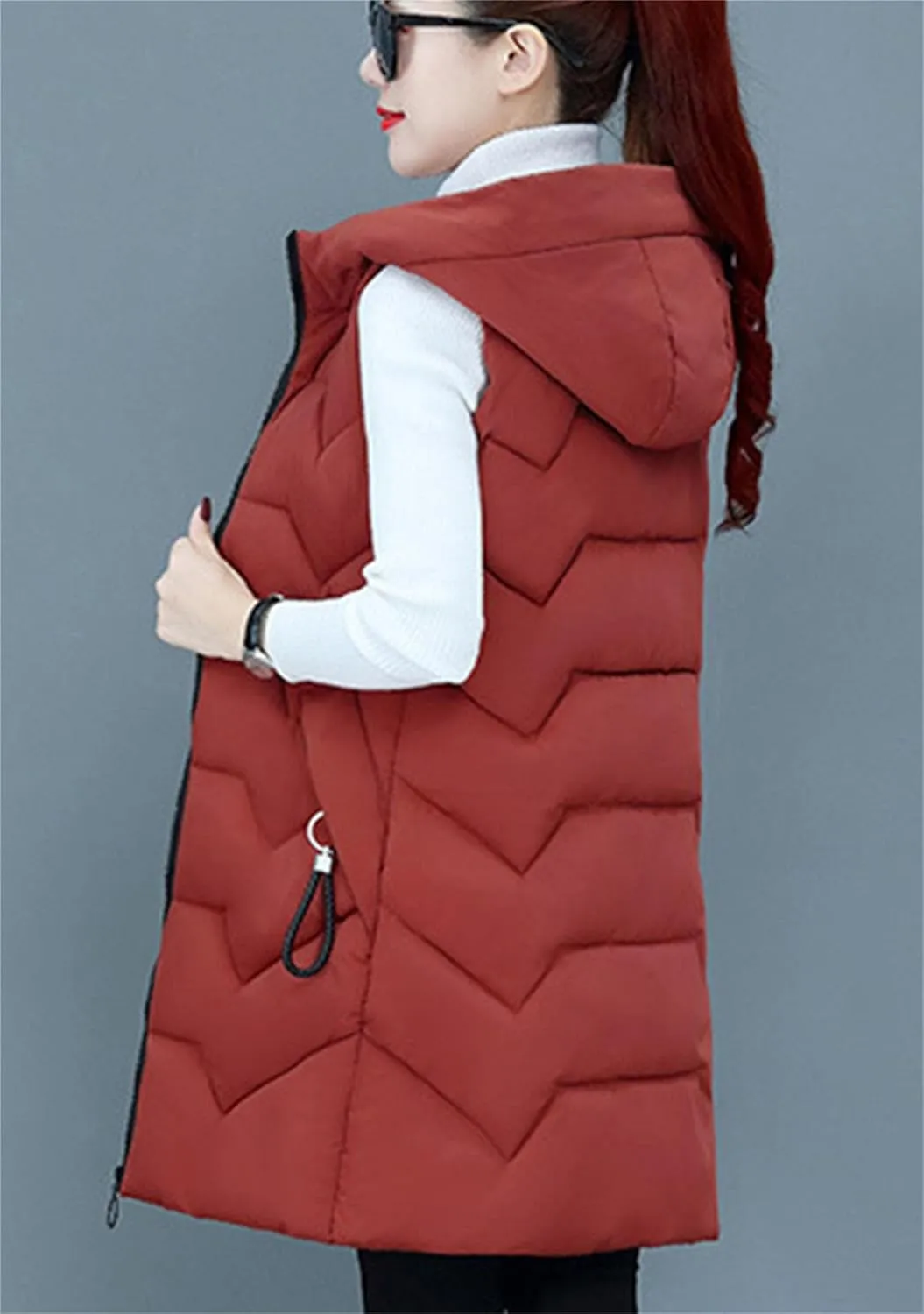 TYQQU Women Hooded Long Down Vest Sleeveless Zipper Fluffy Solid Color Down Vest With Pocket