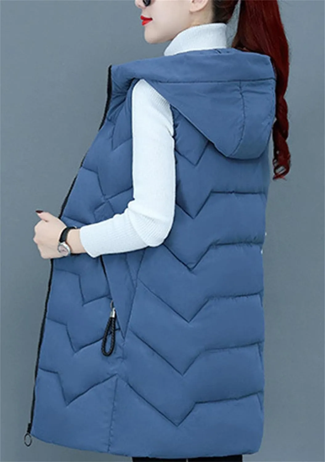 TYQQU Women Hooded Long Down Vest Sleeveless Zipper Fluffy Solid Color Down Vest With Pocket