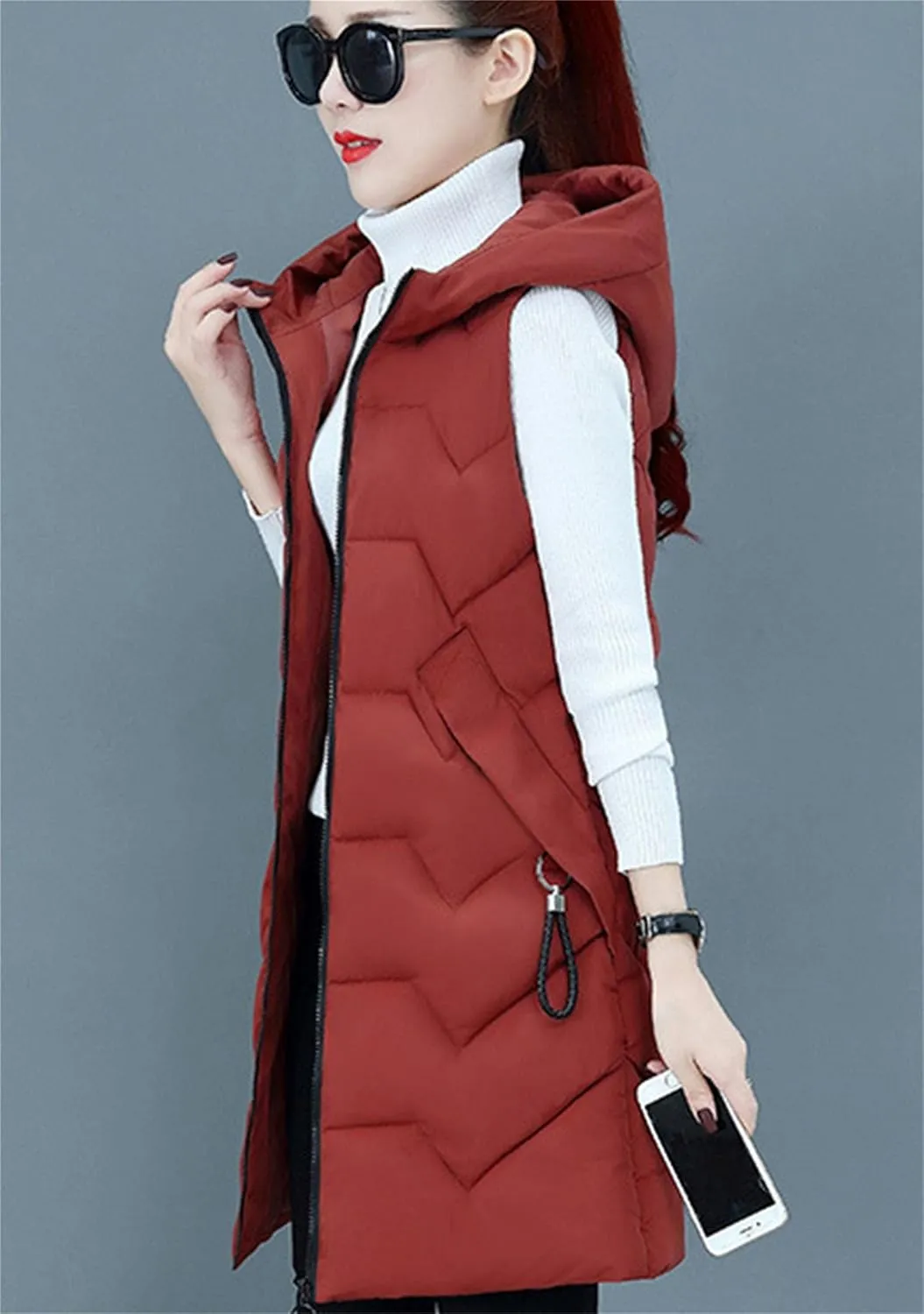 TYQQU Women Hooded Long Down Vest Sleeveless Zipper Fluffy Solid Color Down Vest With Pocket