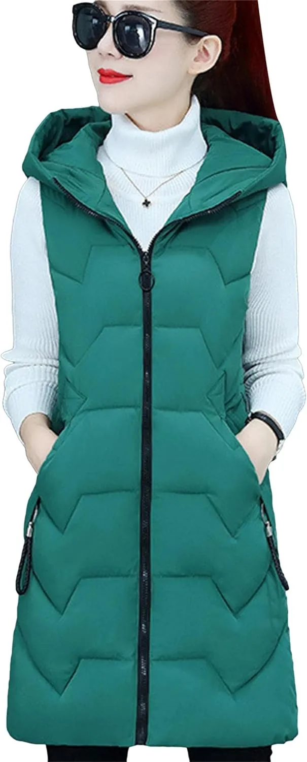 TYQQU Women Hooded Long Down Vest Sleeveless Zipper Fluffy Solid Color Down Vest With Pocket