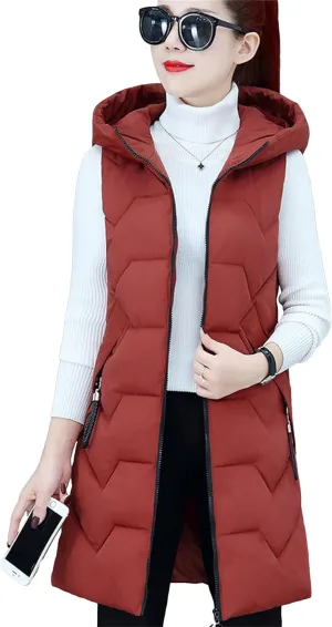 TYQQU Women Hooded Long Down Vest Sleeveless Zipper Fluffy Solid Color Down Vest With Pocket
