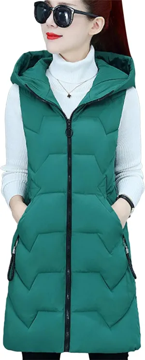 TYQQU Women Hooded Long Down Vest Sleeveless Zipper Fluffy Solid Color Down Vest With Pocket