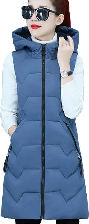 TYQQU Women Hooded Long Down Vest Sleeveless Zipper Fluffy Solid Color Down Vest With Pocket