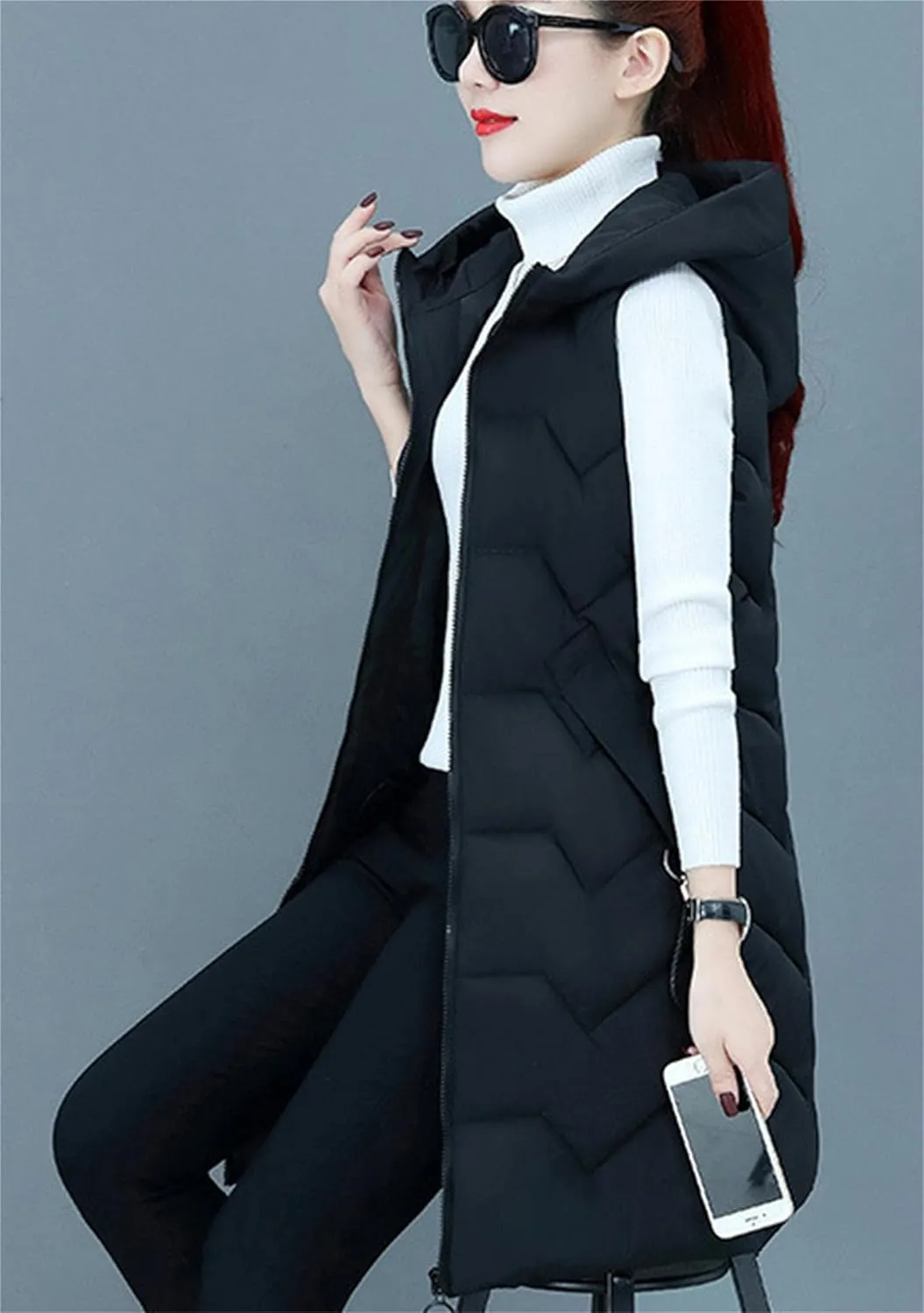 TYQQU Women Hooded Long Down Vest Sleeveless Zipper Fluffy Solid Color Down Vest With Pocket