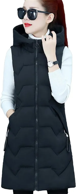 TYQQU Women Hooded Long Down Vest Sleeveless Zipper Fluffy Solid Color Down Vest With Pocket