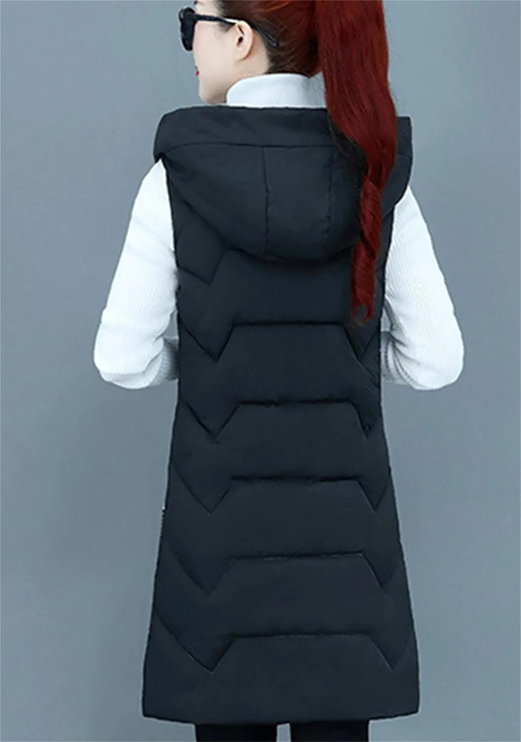 TYQQU Women Hooded Long Down Vest Sleeveless Zipper Fluffy Solid Color Down Vest With Pocket