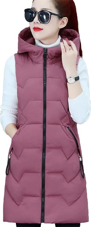 TYQQU Women Hooded Long Down Vest Sleeveless Zipper Fluffy Solid Color Down Vest With Pocket