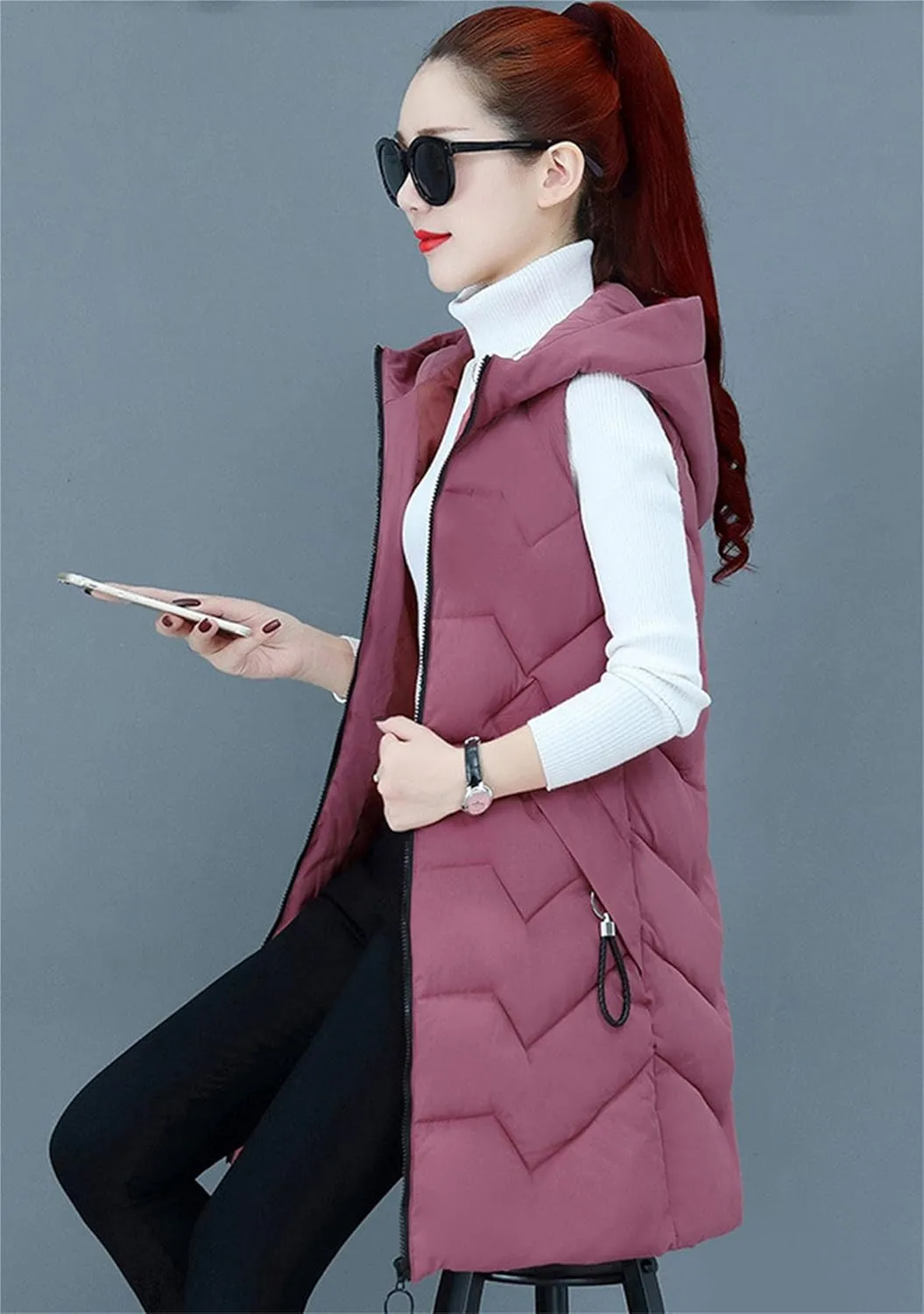 TYQQU Women Hooded Long Down Vest Sleeveless Zipper Fluffy Solid Color Down Vest With Pocket