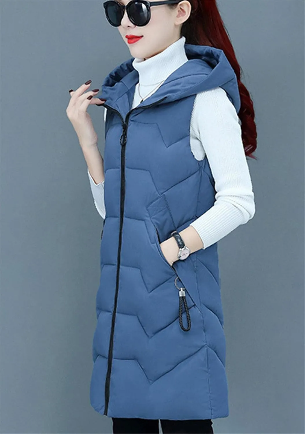 TYQQU Women Hooded Long Down Vest Sleeveless Zipper Fluffy Solid Color Down Vest With Pocket