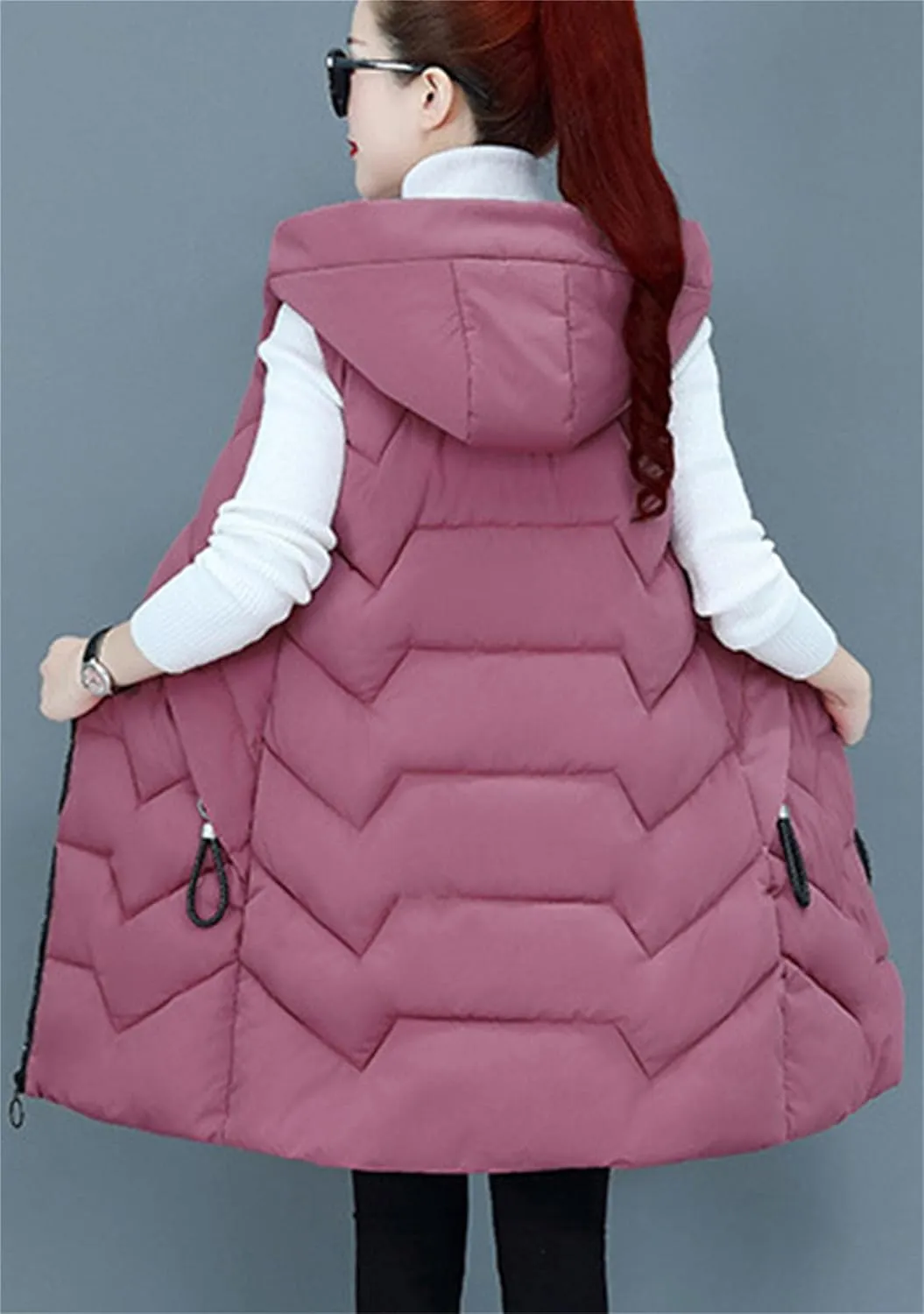 TYQQU Women Hooded Long Down Vest Sleeveless Zipper Fluffy Solid Color Down Vest With Pocket