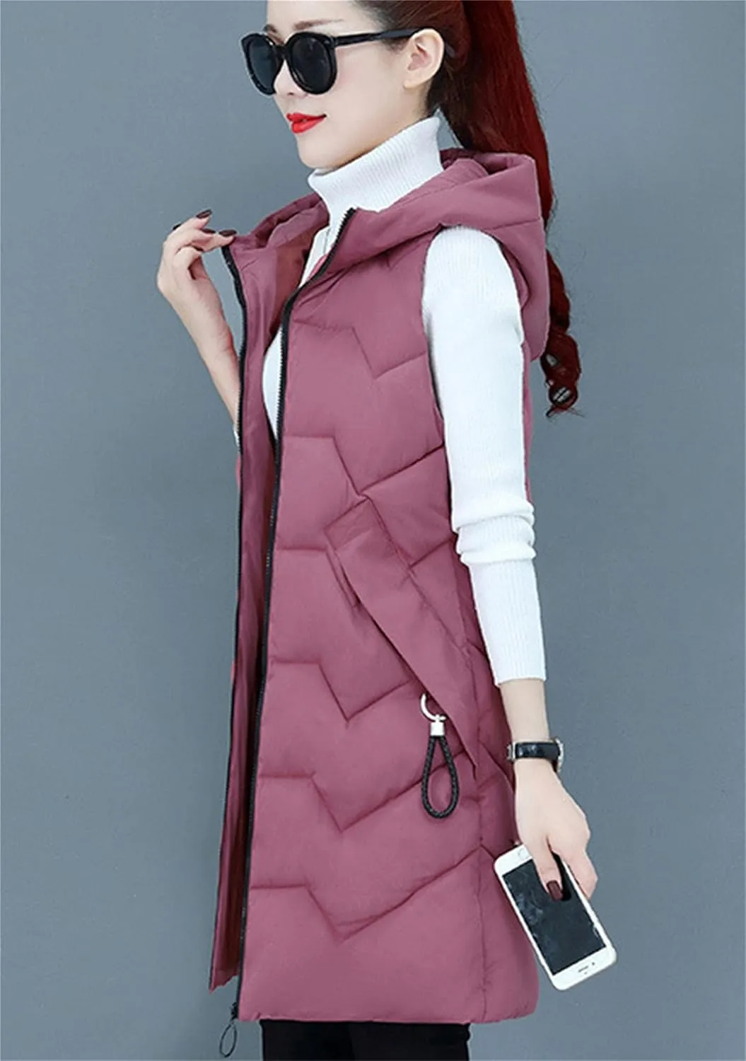 TYQQU Women Hooded Long Down Vest Sleeveless Zipper Fluffy Solid Color Down Vest With Pocket
