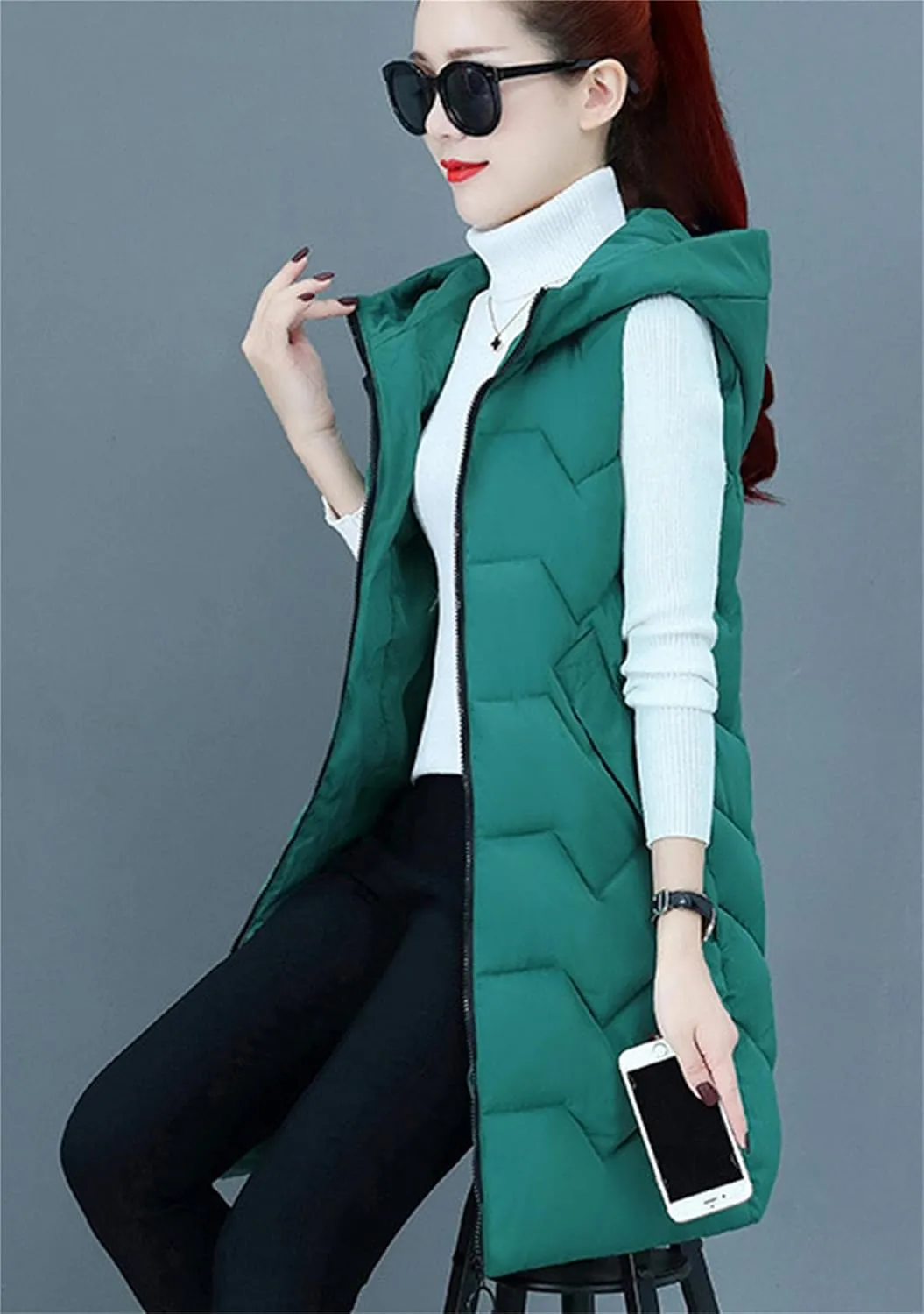 TYQQU Women Hooded Long Down Vest Sleeveless Zipper Fluffy Solid Color Down Vest With Pocket