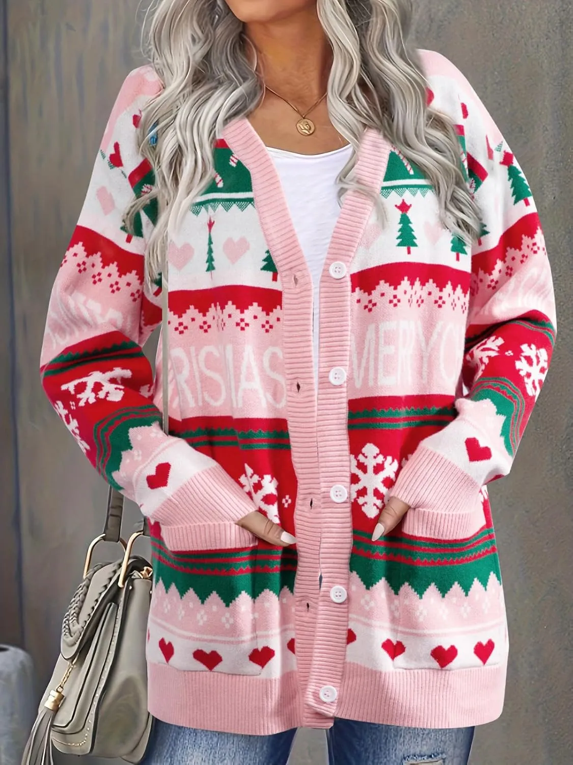 Ugly Christmas Cardigan Sweaters for Women Button Down Sweaters with Pockets Open Front Knit Cardigan Funny Sweater