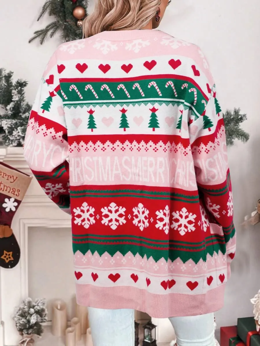 Ugly Christmas Cardigan Sweaters for Women Button Down Sweaters with Pockets Open Front Knit Cardigan Funny Sweater
