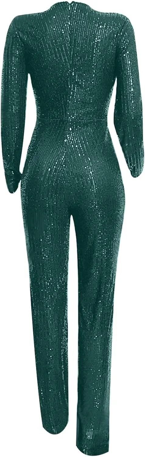 Uillui Sequins Women's Jumpsuit Formal Sexy V Neck High-Waist Woman Romper Elegant Long Sleeve Wide Leg Pants Party Clubwear