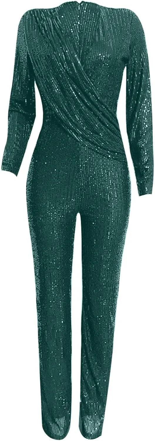 Uillui Sequins Women's Jumpsuit Formal Sexy V Neck High-Waist Woman Romper Elegant Long Sleeve Wide Leg Pants Party Clubwear