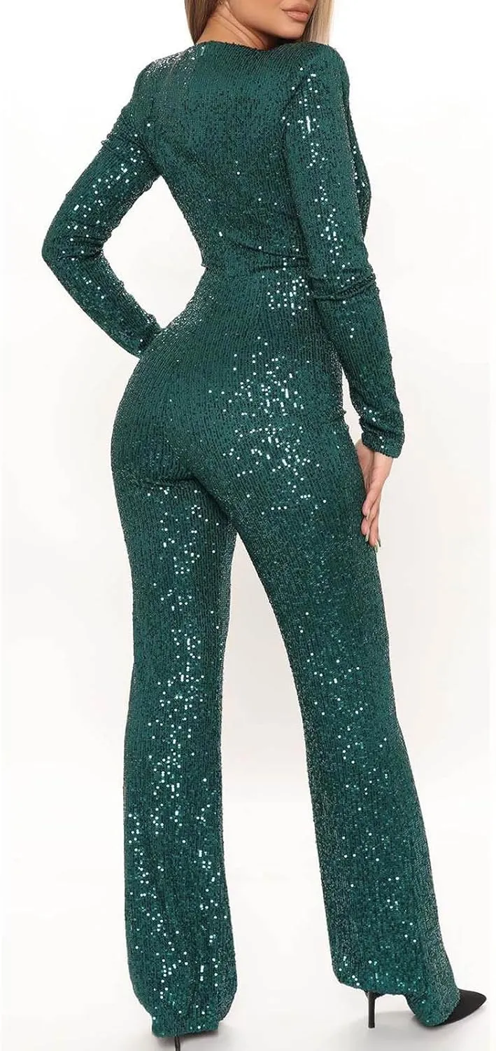 Uillui Sequins Women's Jumpsuit Formal Sexy V Neck High-Waist Woman Romper Elegant Long Sleeve Wide Leg Pants Party Clubwear