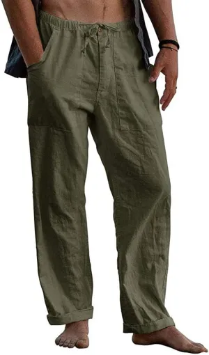 utcoco Men's Cotton Linen Beach Pants Loose Casual Drawstring Wasit Slacks with Pocket