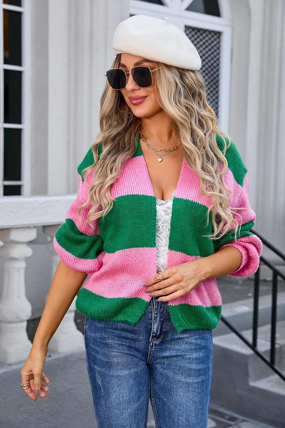 utcoco Womens 2024 Long Sleeve Fall Cropped Cardigan Sweaters Color Block Open Front Casual Loose Knit Outwear