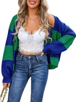utcoco Womens 2024 Long Sleeve Fall Cropped Cardigan Sweaters Color Block Open Front Casual Loose Knit Outwear