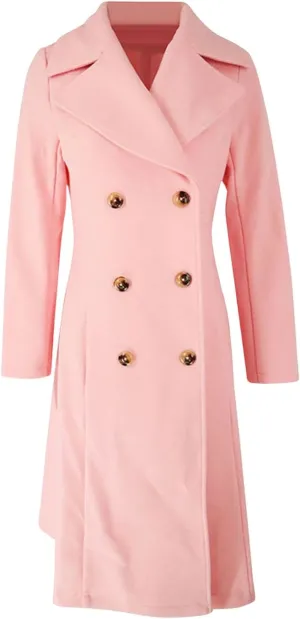 utcoco Womens Long Pink Trench Coat Cute Notch A-Line Double-Breasted Pea Coat Outwear with Pockets