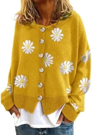 utcoco Women's Oversized Cropped Cardigan Sweaters Vintage Artistic Floral Print Cable Knit Sweater Outwear