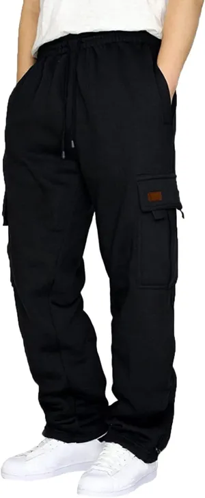 Vickyleb Cargo Pants for Men Black, Men's Fleece Running Sweatpants Athletic Warm Slim Fit Baggy Stretch Pant