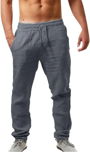 Vickyleb Linen Pants Men Slim Fit Cotton Pants Casual Drawstring Elastic Waist Summer Beach Pleated Chinos Pants for Men