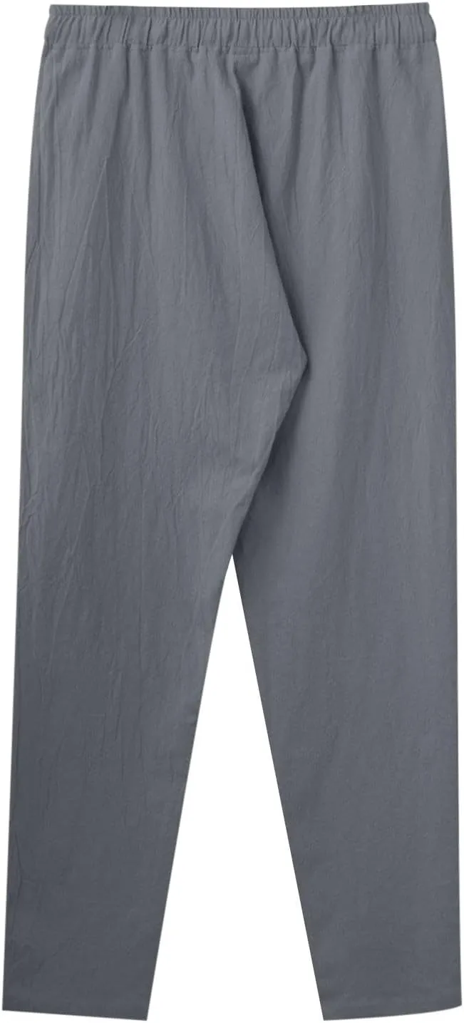 Vickyleb Linen Pants Men Slim Fit Cotton Pants Casual Drawstring Elastic Waist Summer Beach Pleated Chinos Pants for Men