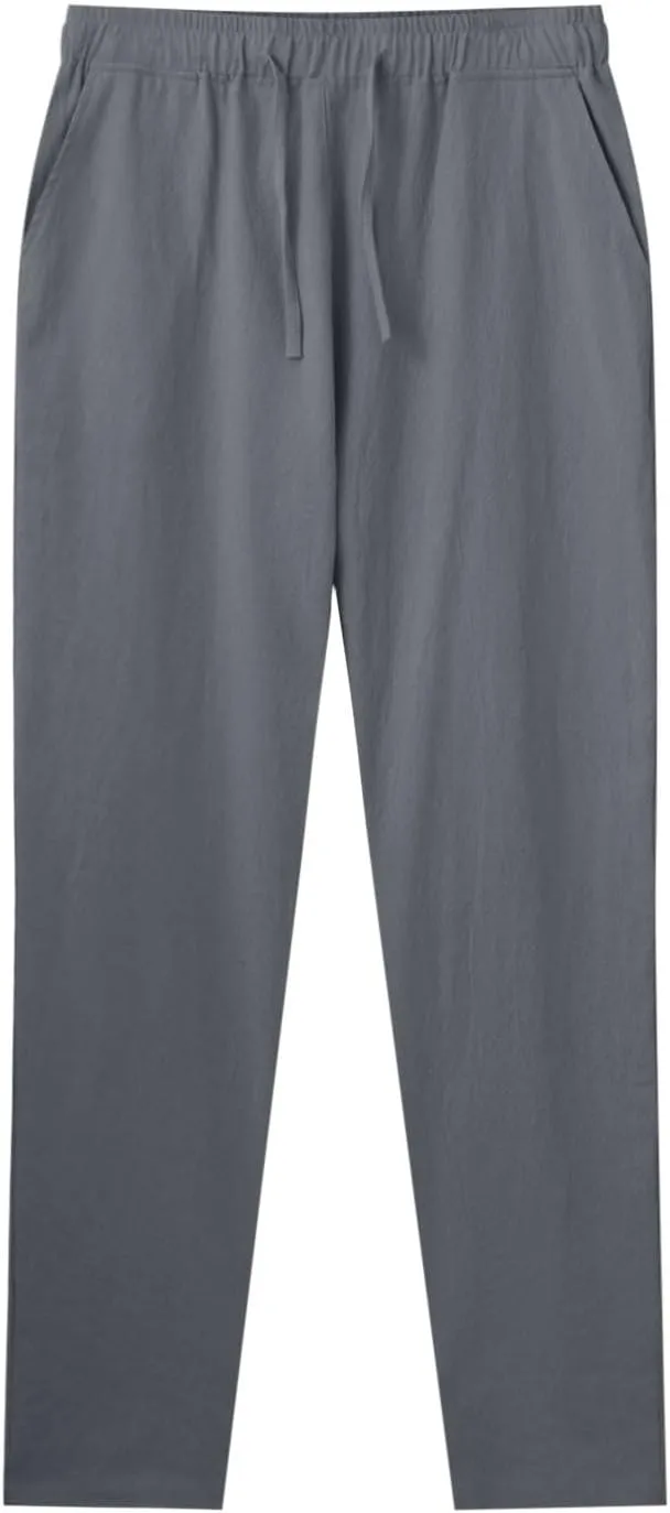 Vickyleb Linen Pants Men Slim Fit Cotton Pants Casual Drawstring Elastic Waist Summer Beach Pleated Chinos Pants for Men