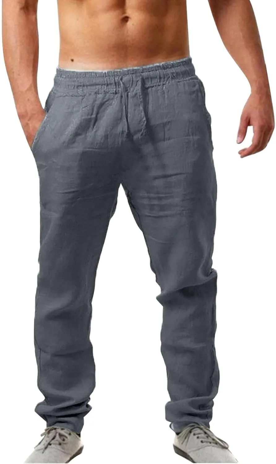 Vickyleb Linen Pants Men Slim Fit Cotton Pants Casual Drawstring Elastic Waist Summer Beach Pleated Chinos Pants for Men