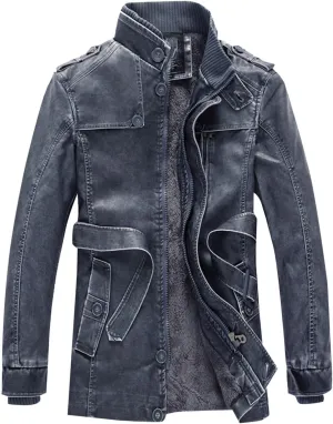 Vintage Casual Fashion Leather Jacket for Men Stand Collar Zip Long Sleeve Fleece Lined Outerwear Winter Warm Coat