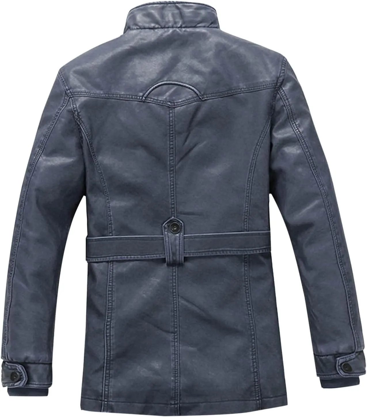 Vintage Casual Fashion Leather Jacket for Men Stand Collar Zip Long Sleeve Fleece Lined Outerwear Winter Warm Coat