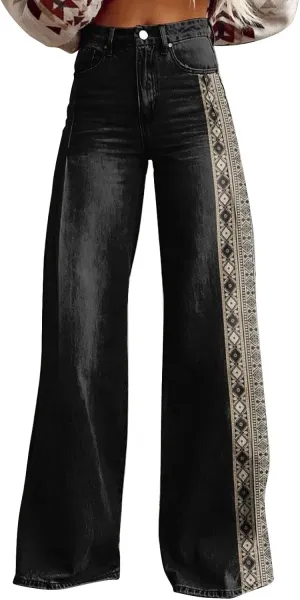 Vintage Printed Wide Leg Pants for Women Casual Floral Print Palazzo Pants High Waisted Bootcut Imitation Denim Pants