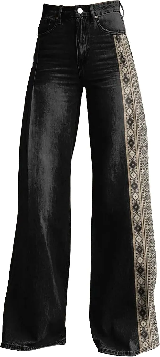 Vintage Printed Wide Leg Pants for Women Casual Floral Print Palazzo Pants High Waisted Bootcut Imitation Denim Pants