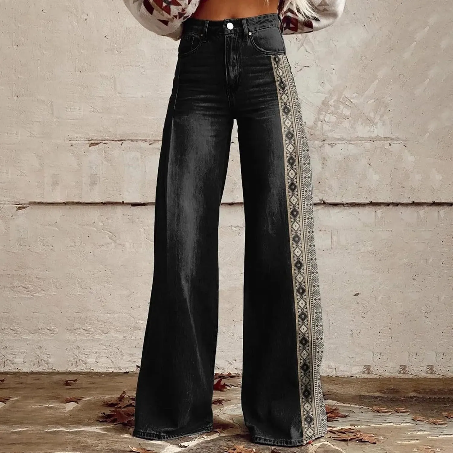 Vintage Printed Wide Leg Pants for Women Casual Floral Print Palazzo Pants High Waisted Bootcut Imitation Denim Pants