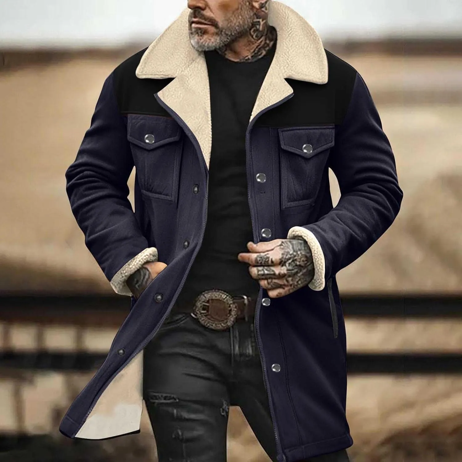 Vintage Suede Trench Coats Plush Reverse Collar Mens Outdoor Jacket Retro Warm Winter Sherpa Fleece Lined Outerwear