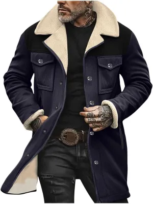 Vintage Suede Trench Coats Plush Reverse Collar Mens Outdoor Jacket Retro Warm Winter Sherpa Fleece Lined Outerwear