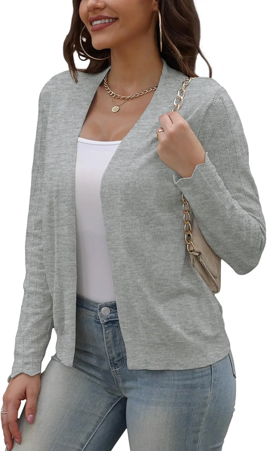 VOIANLIMO Womens Cardigan Lightweight Open Front Knit Long Sleeve Cardigans Sweaters for Women