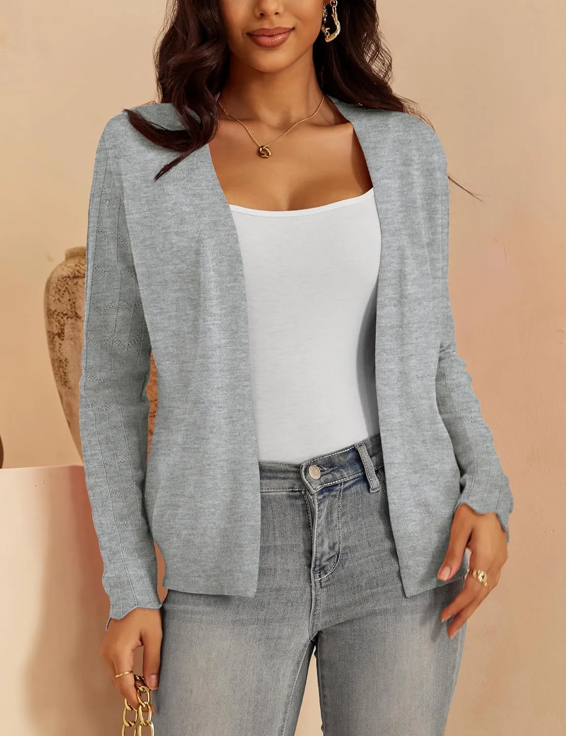 VOIANLIMO Womens Cardigan Lightweight Open Front Knit Long Sleeve Cardigans Sweaters for Women