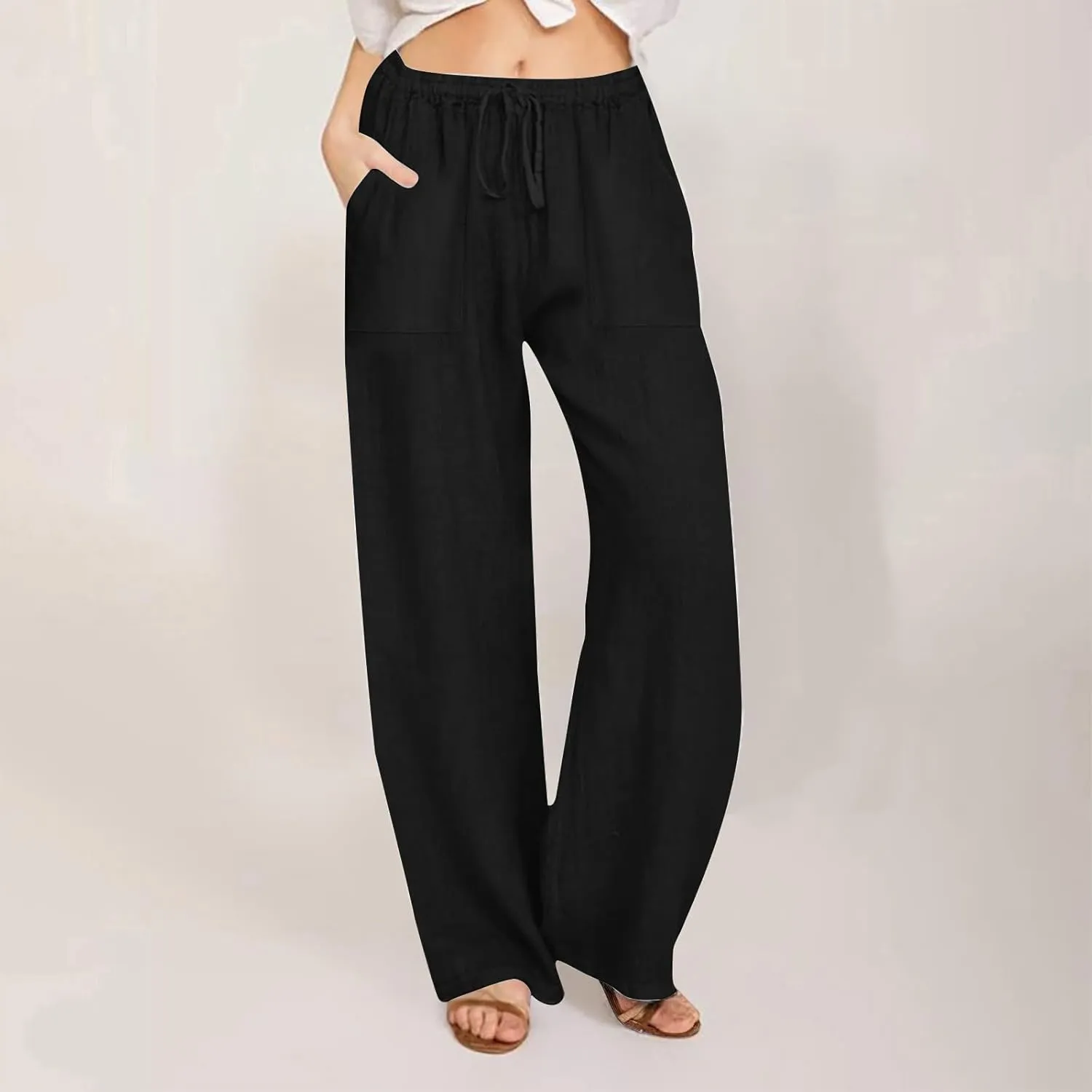 Wide Leg Linen Pants for Women Elastic Waist Summer Casual Solid Color Loose Fit Palazzo Trousers with Pockets