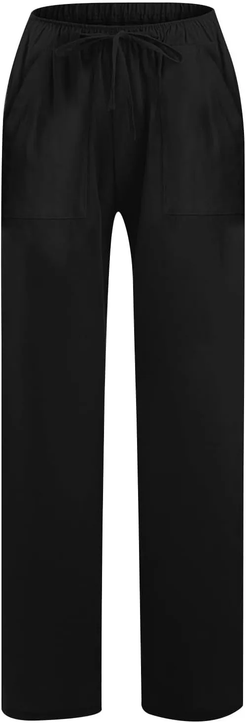 Wide Leg Linen Pants for Women Elastic Waist Summer Casual Solid Color Loose Fit Palazzo Trousers with Pockets
