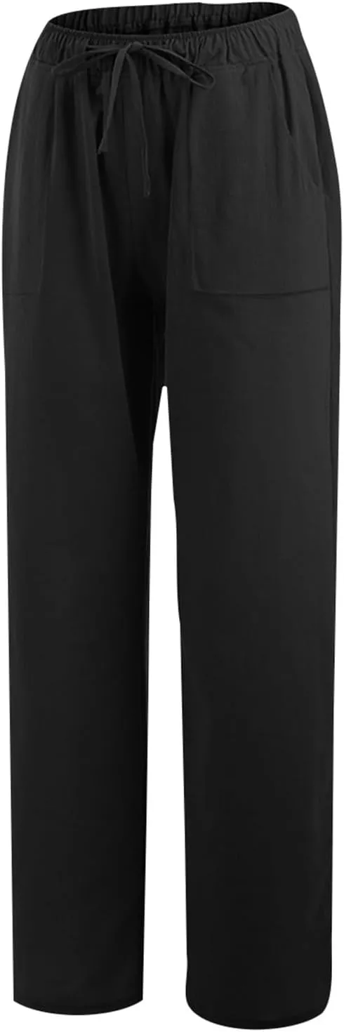 Wide Leg Linen Pants for Women Elastic Waist Summer Casual Solid Color Loose Fit Palazzo Trousers with Pockets