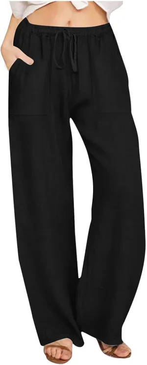 Wide Leg Linen Pants for Women Elastic Waist Summer Casual Solid Color Loose Fit Palazzo Trousers with Pockets