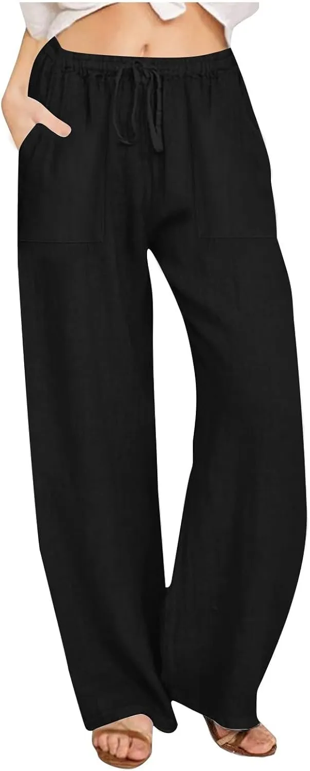 Wide Leg Linen Pants for Women Elastic Waist Summer Casual Solid Color Loose Fit Palazzo Trousers with Pockets