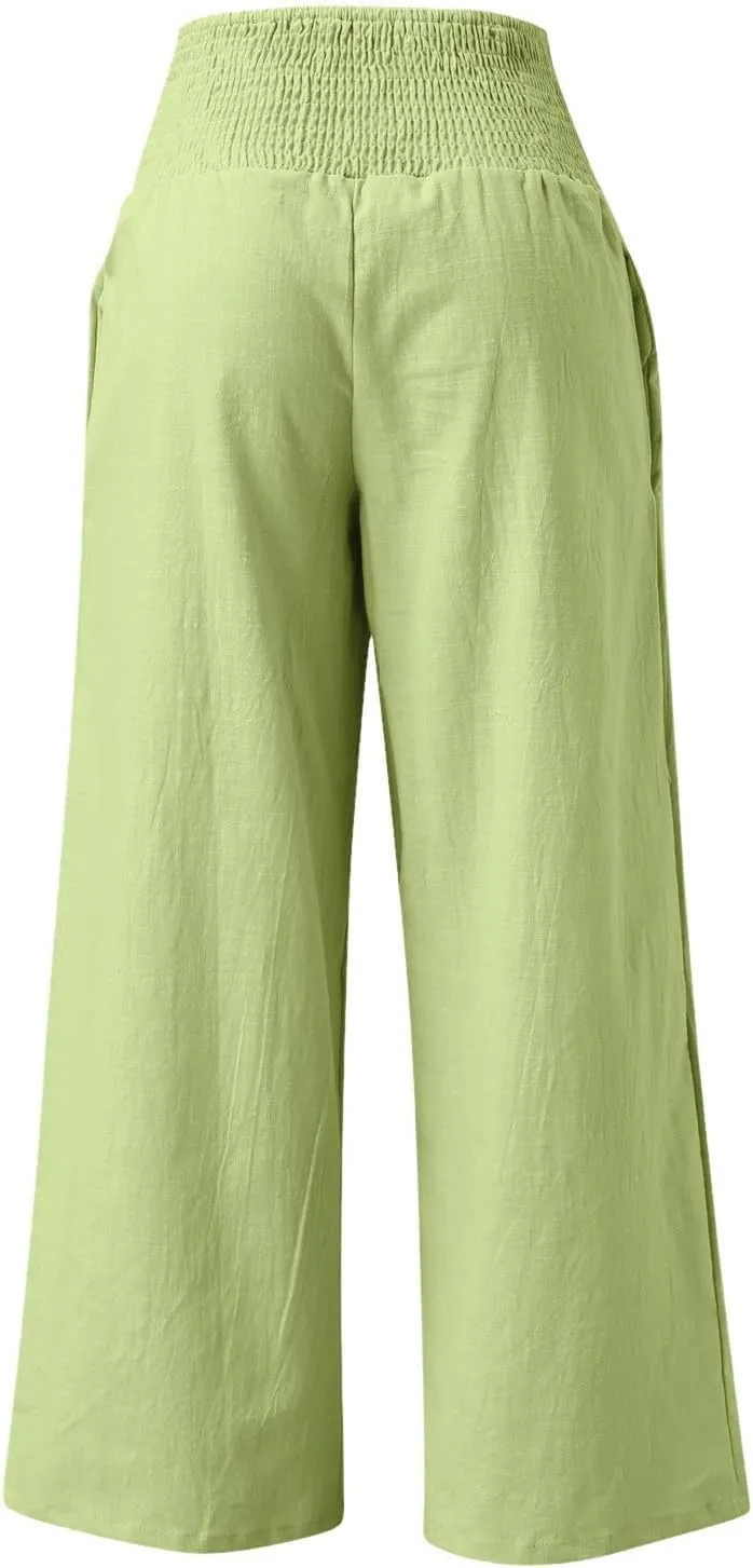 Wide Leg Linen Pants for Women Summer High Waisted Pant Palazzo Lounge Trousers Boho Beach Drawstring Pants with Pocket